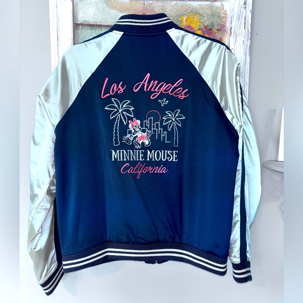 Uniqlo Disney Jacket Women Pink Blue Satin Los Angeles Embroidered Minnie Mouse